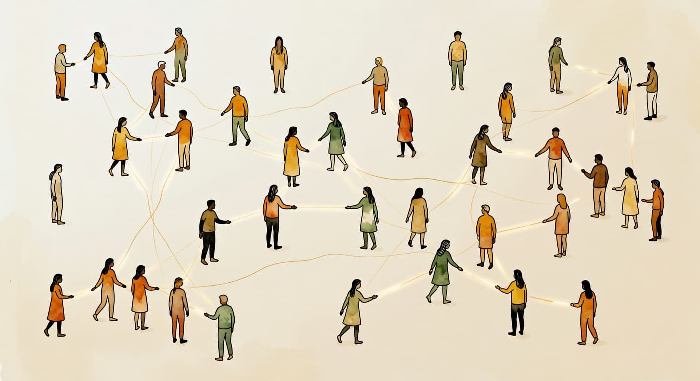 People connected by golden threads forming a constellation of human connection