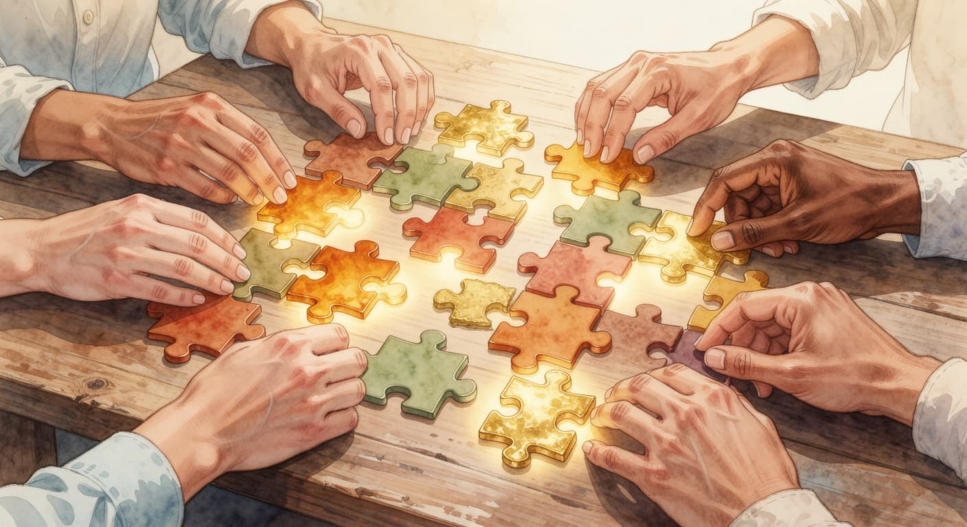 Diverse hands placing glowing puzzle pieces together, symbolizing community collaboration